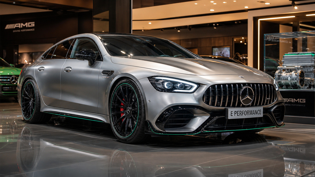 Carro esportivo Mercedes-Benz AMG prata com rodas pretas exposto em showroom moderno.