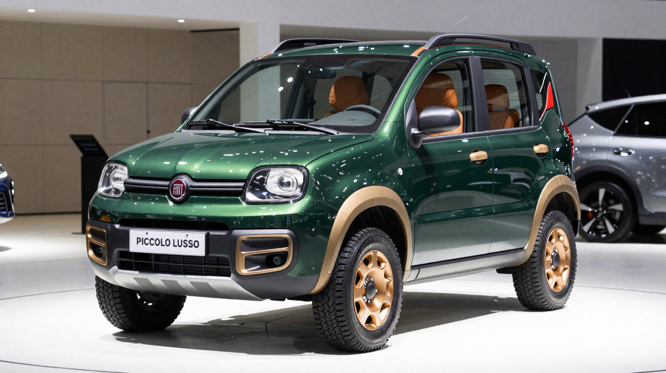 Carro SUV Fiat Piccolo Lusso verde com detalhes dourados exibido em salão automotivo.