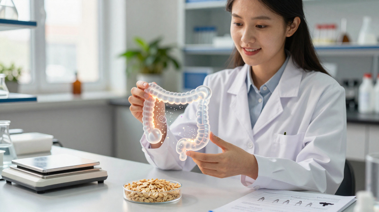 Mulher cientista em laboratório segurando modelo holográfico do intestino humano.