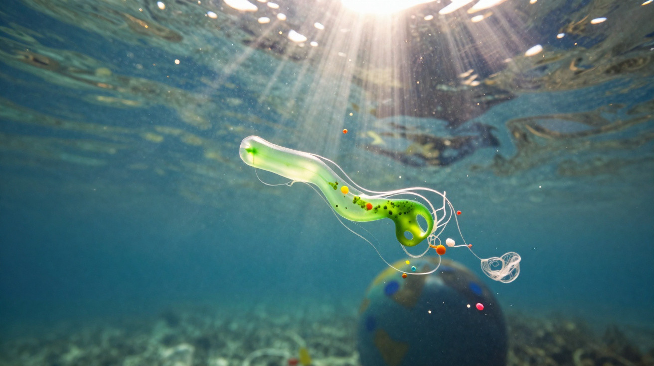 Microorganismo verde com filamentos em ambiente aquático iluminado pela luz do sol.