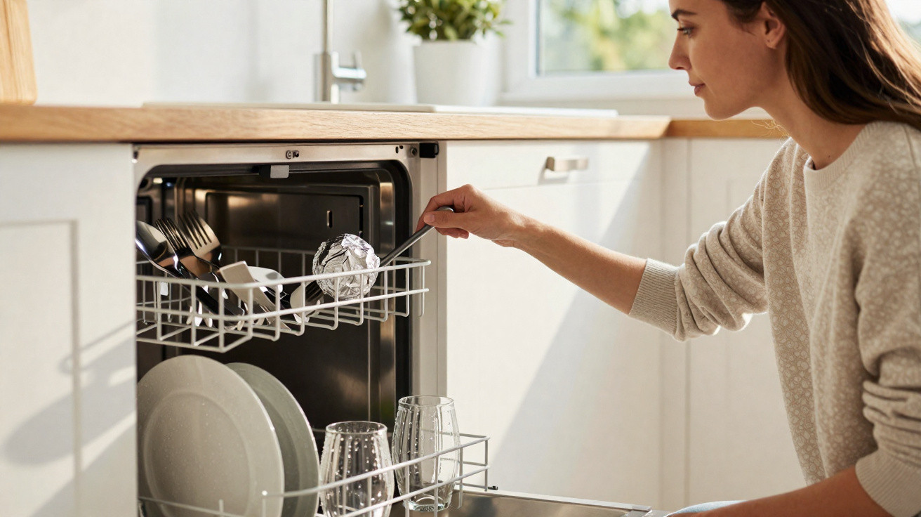 Mulher organizando utensílios e pratos dentro de uma lava-louças em cozinha clara e moderna.