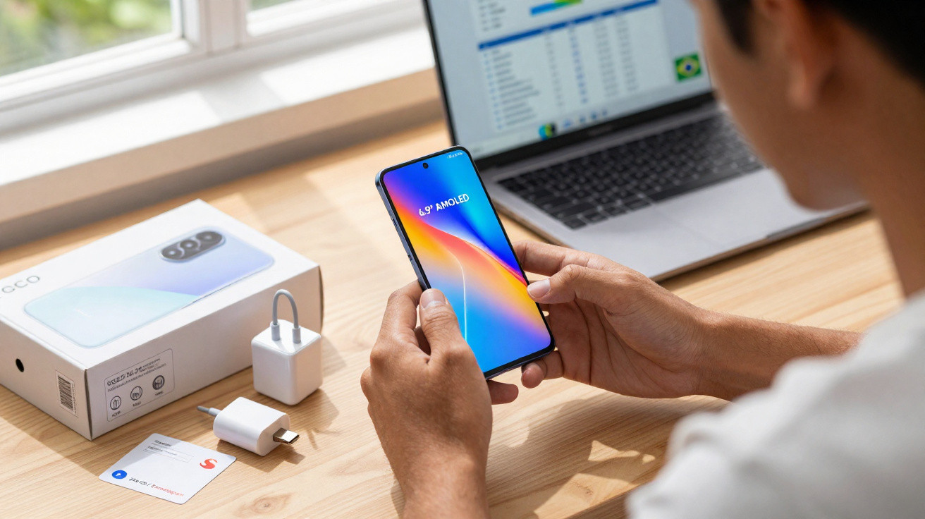 Pessoa segurando smartphone com tela AMOLED ao lado de caixa, carregador e laptop aberto em mesa de madeira.