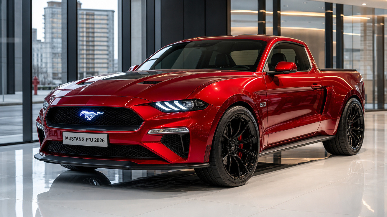 Picape esportiva Ford Mustang vermelha 2026 exibida em ambiente interno moderno.