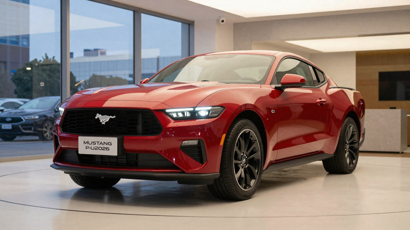 Carro esportivo vermelho Ford Mustang estacionado em showroom moderno com chão claro e paredes brancas.