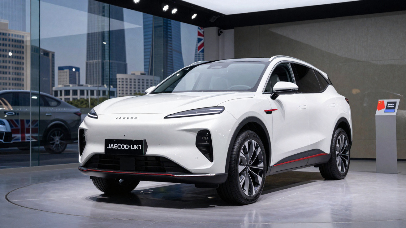 SUV elétrico branco Jaecoo UK1 exibido em salão automotivo com edifícios ao fundo.