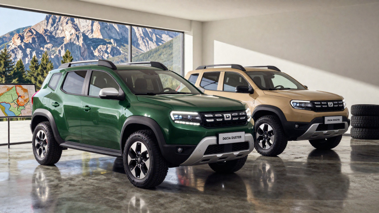 Dois carros SUV Dacia Duster, um verde e um bege, em salão com janela grande e montanhas ao fundo.