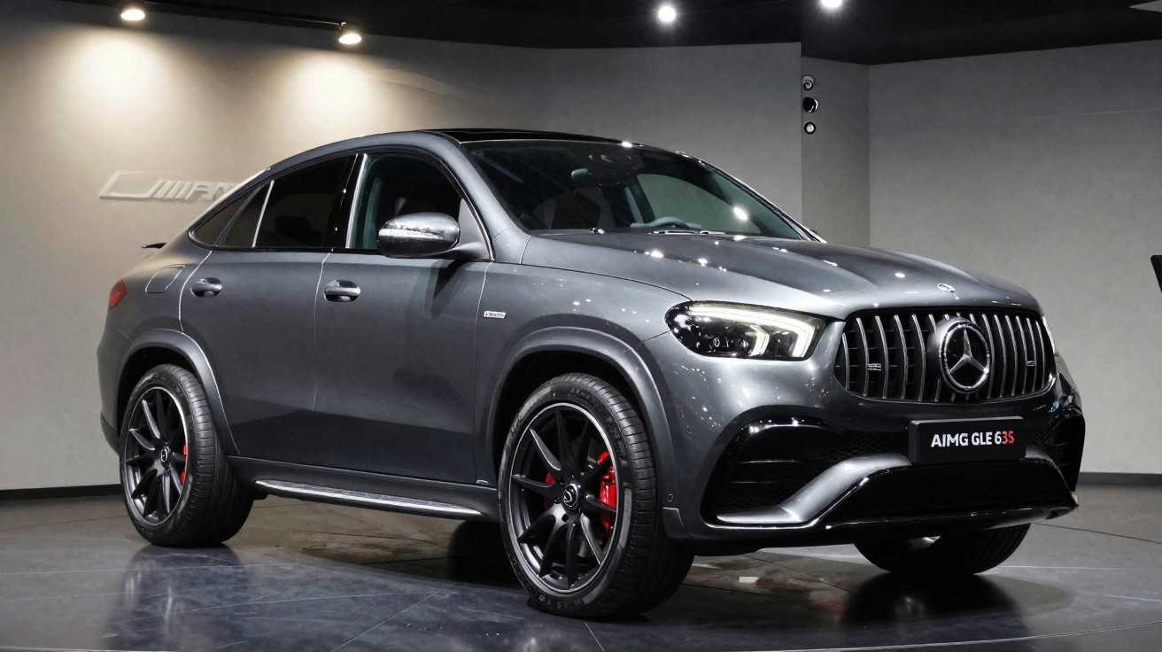 Carro Mercedes-AMG GLE 63 S cinza escuro em exposição interna sob luzes diretas, vista frontal e lateral direita.