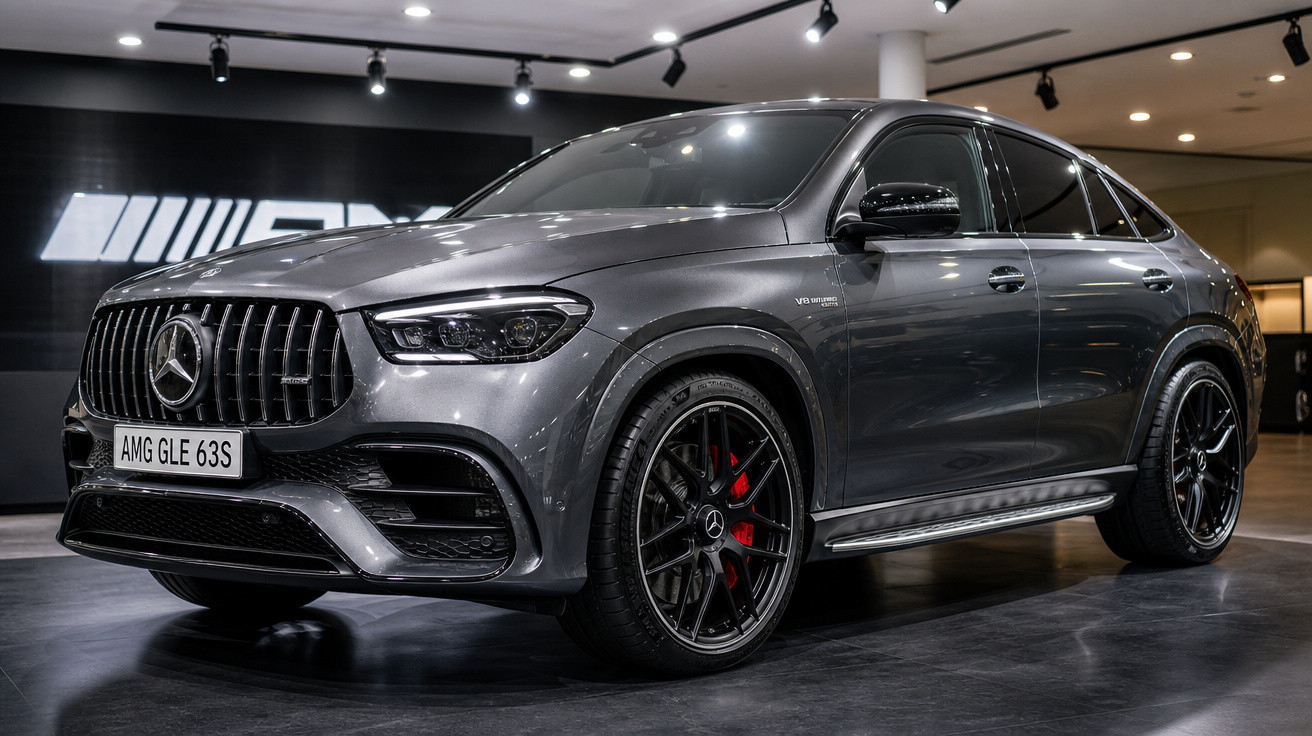 Mercedes-Benz AMG GLE 63 S cinza exposto em show room com rodas pretas e detalhes vermelhos nos freios.