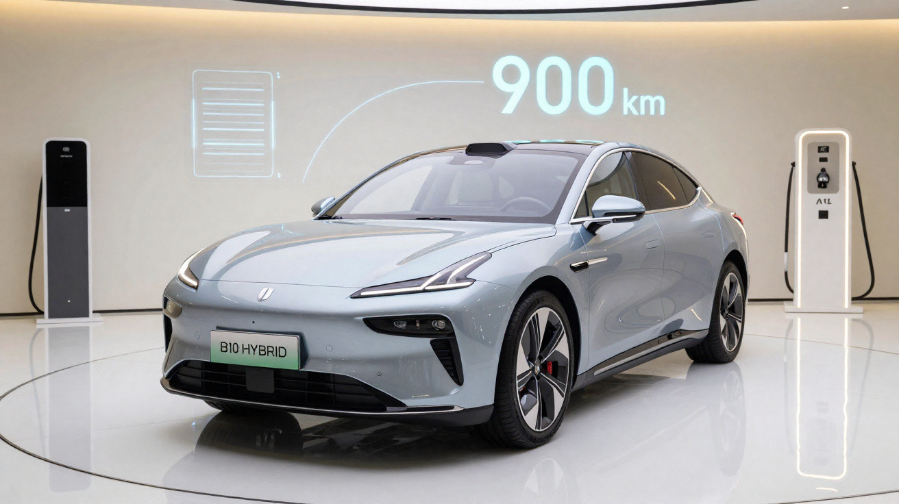 Carro elétrico cinza B10 Hybrid exposto em showroom com indicação de autonomia de 900 km.