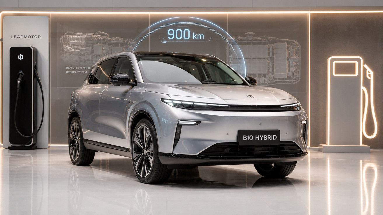 Carro elétrico prata modelo B10 Hybrid exibido em showroom com estação de carregamento e autonomia de 900 km.