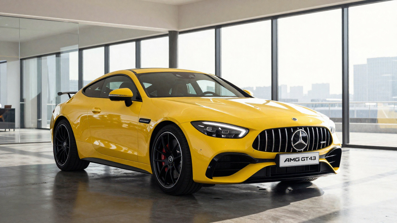 Mercedes-Benz AMG GT 43 cupê esportivo amarelo em ambiente interno com janelas grandes.