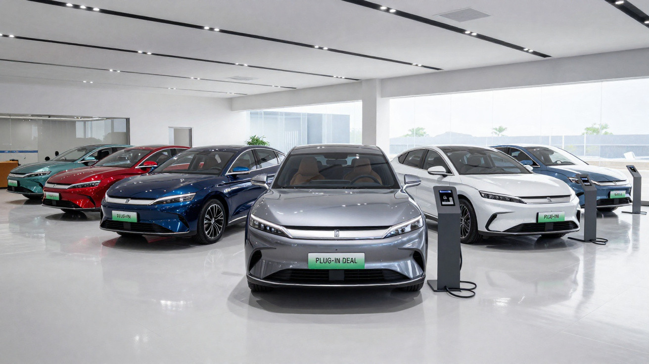 Frota de carros elétricos plug-in exibidos em showroom moderno e iluminado, prontos para recarga.