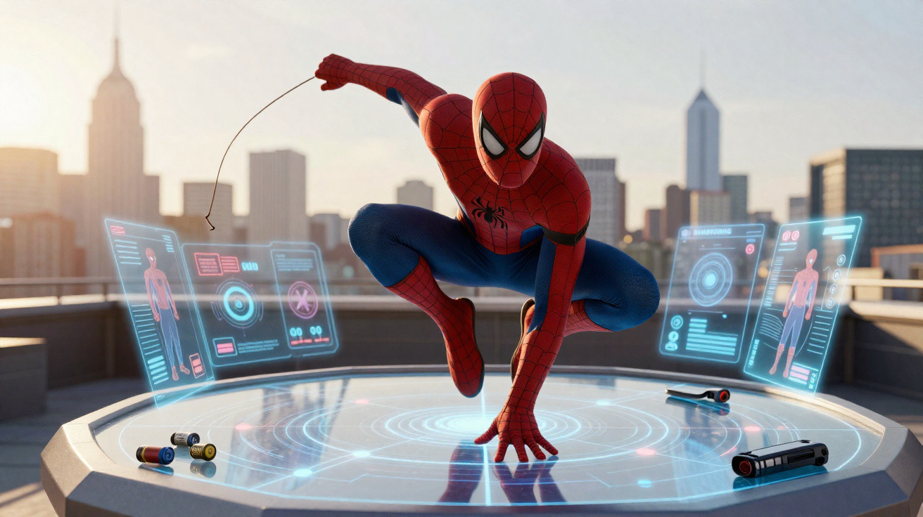 Homem-Aranha em pose agachada sobre mesa futurista com hologramas e cidade ao fundo ao entardecer.