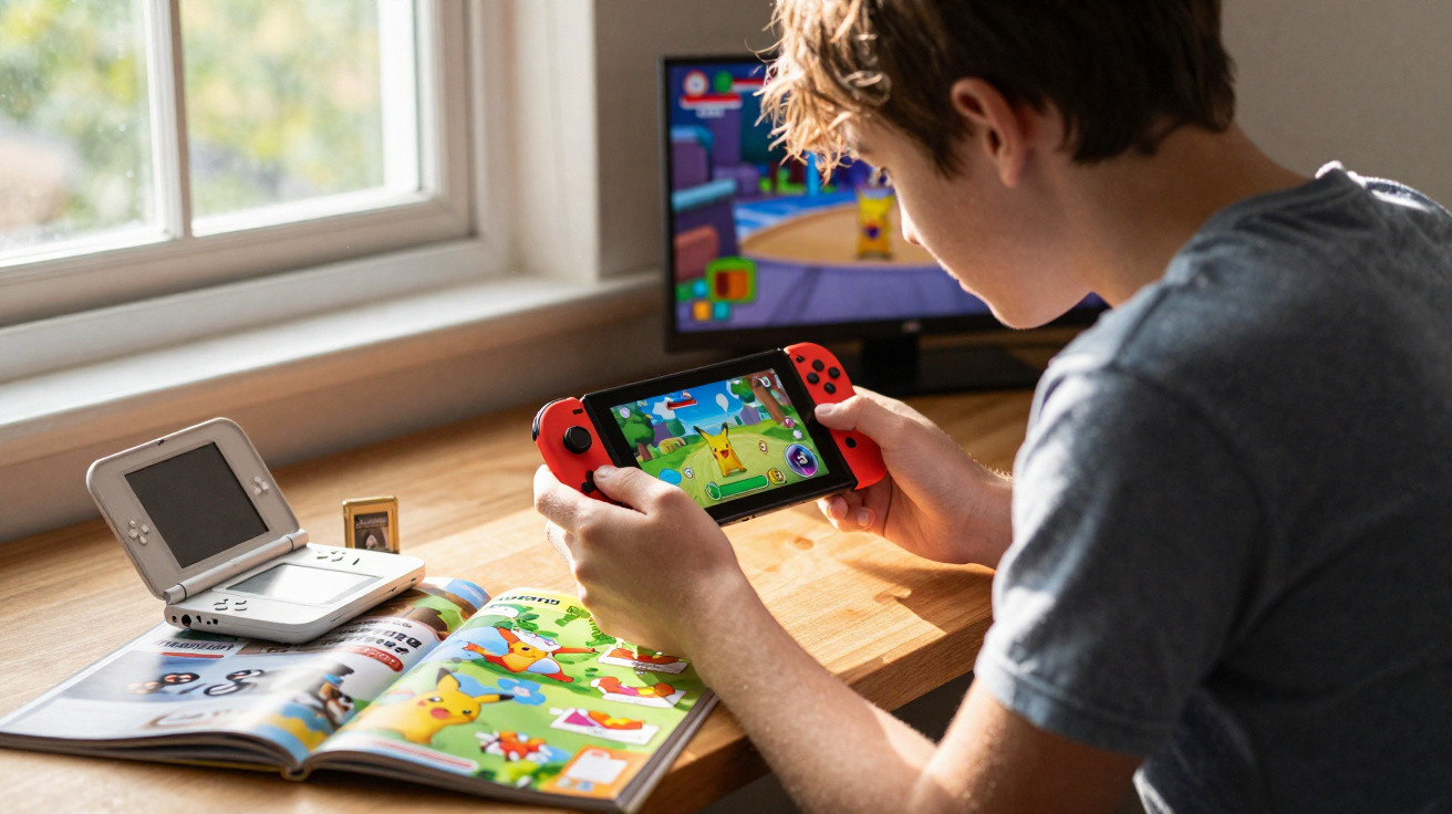 Criança jogando videogame portátil com personagens de Pikachu em uma mesa com revista e console.