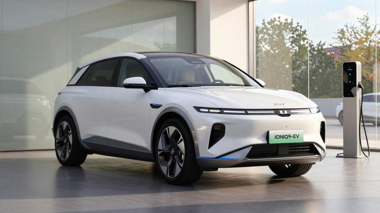 Carro elétrico branco estacionado em ambiente fechado próximo a uma estação de recarga.