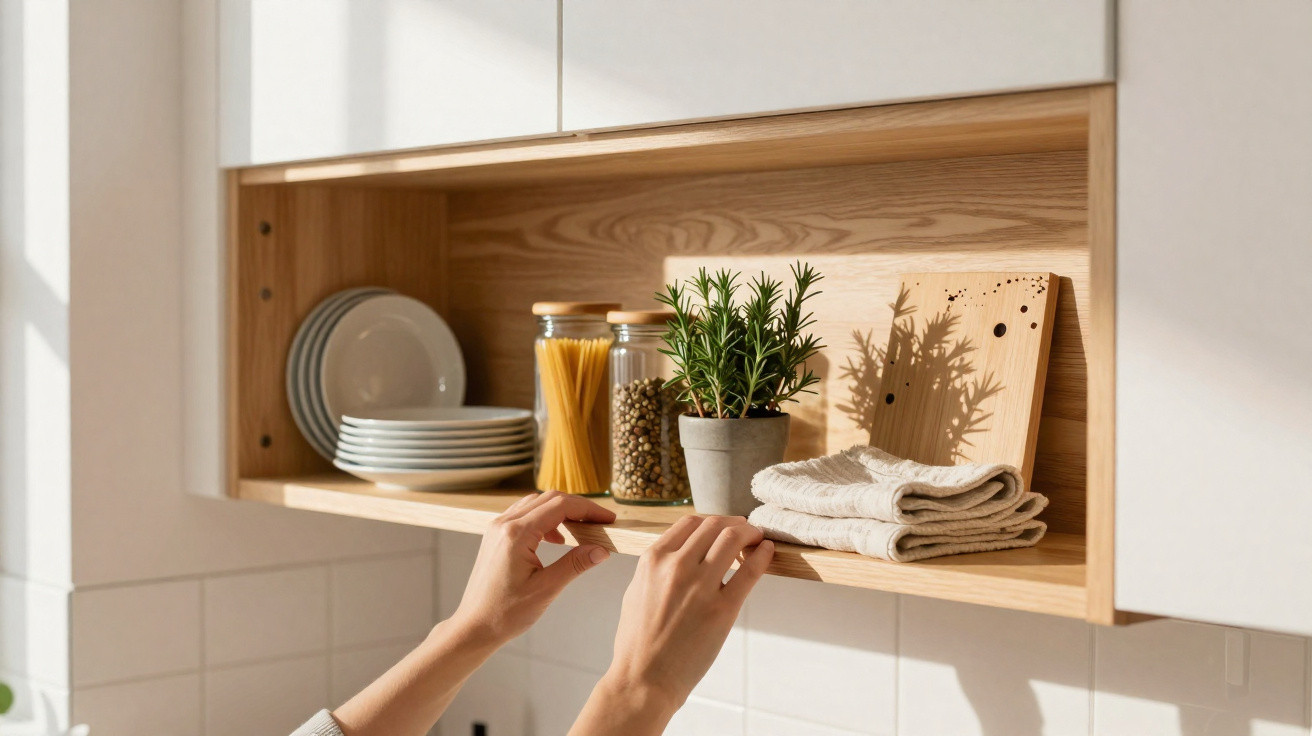 Mãos organizando prateleira de cozinha com pratos, potes, planta e toalhas em ambiente iluminado.