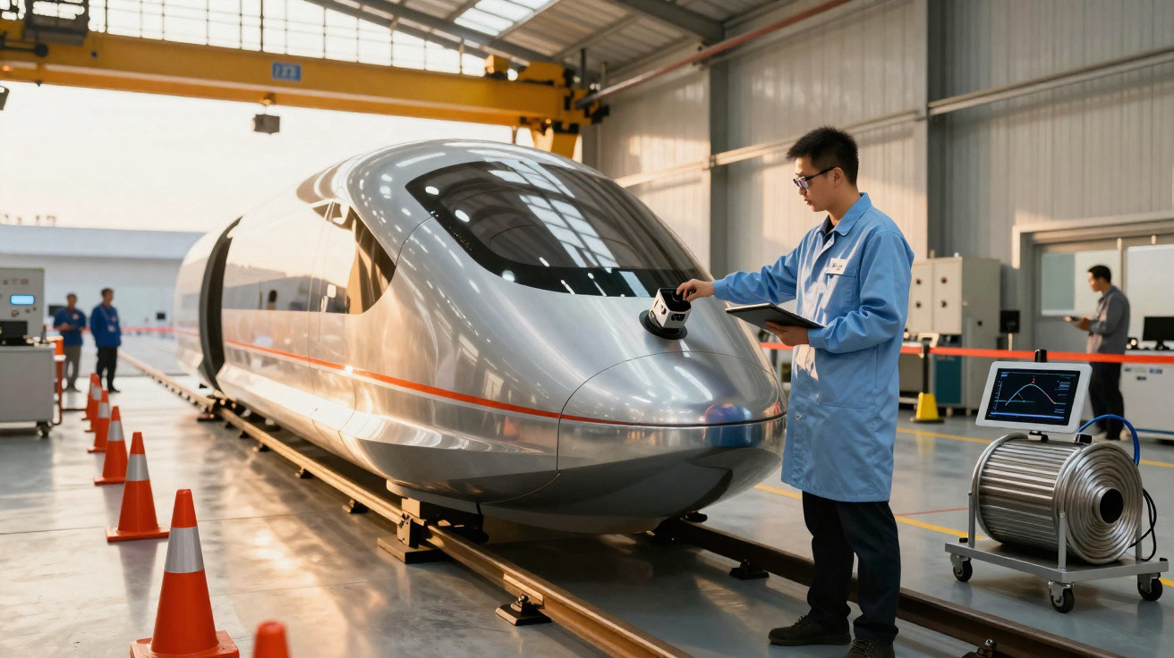 Engenheiro inspecionando trem de alta velocidade prateado dentro de fábrica industrial moderna.