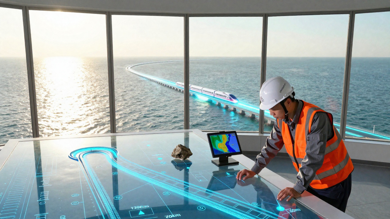 Engenheiro analisa projeto digital de trem em ponte sobre o mar com simulador holográfico.