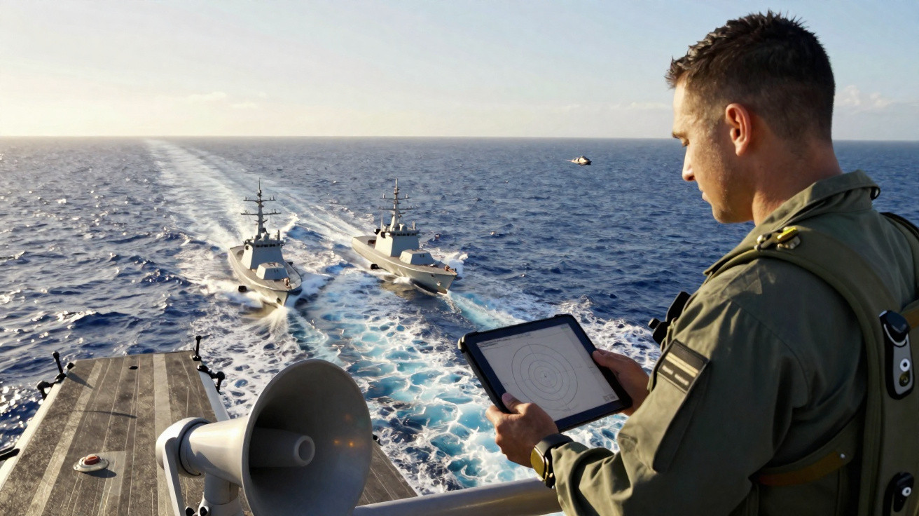 Homem em uniforme naval com tablet observa dois navios militares em mar aberto durante o dia.
