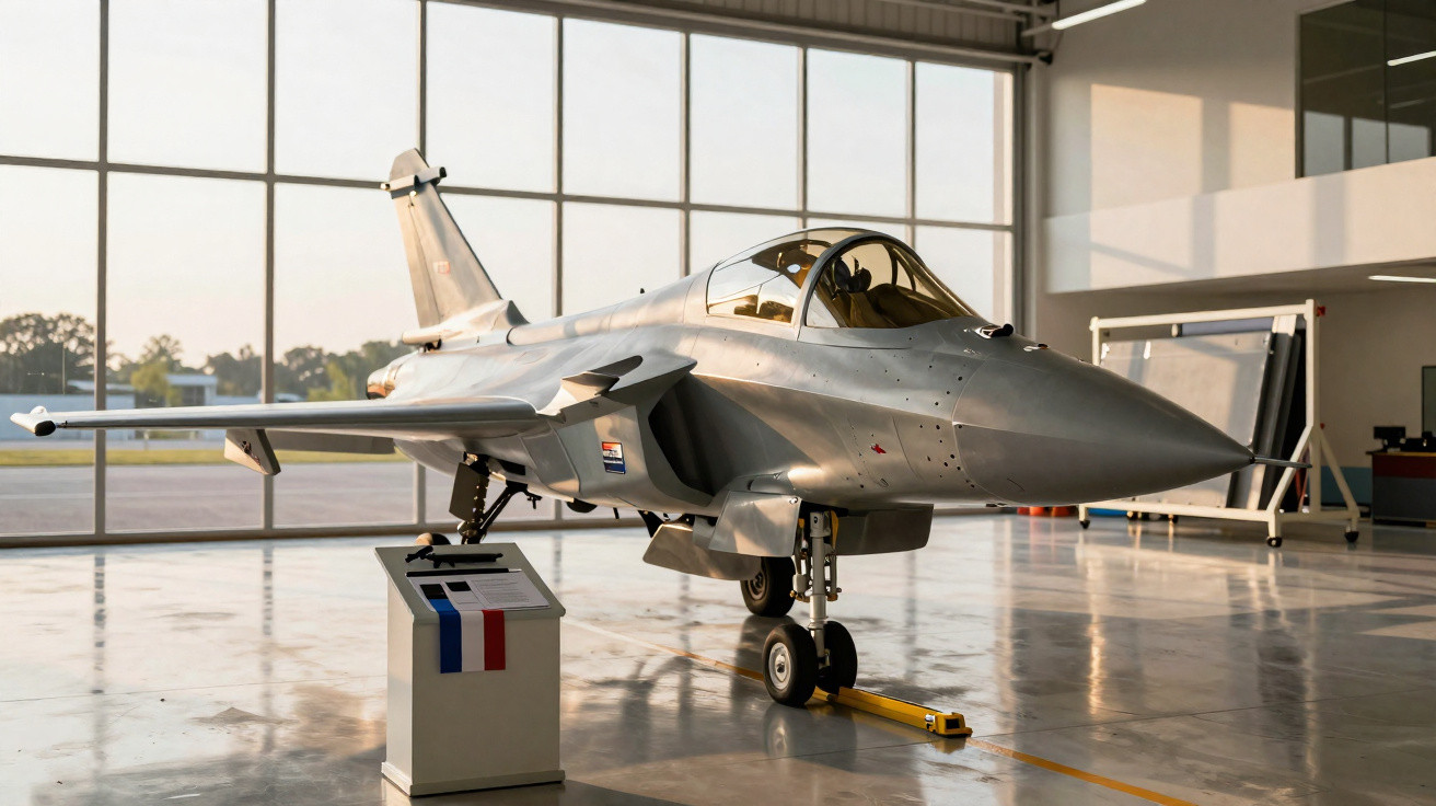 Avião de caça moderno cinza estacionado dentro de um hangar com janelas grandes ao fundo.
