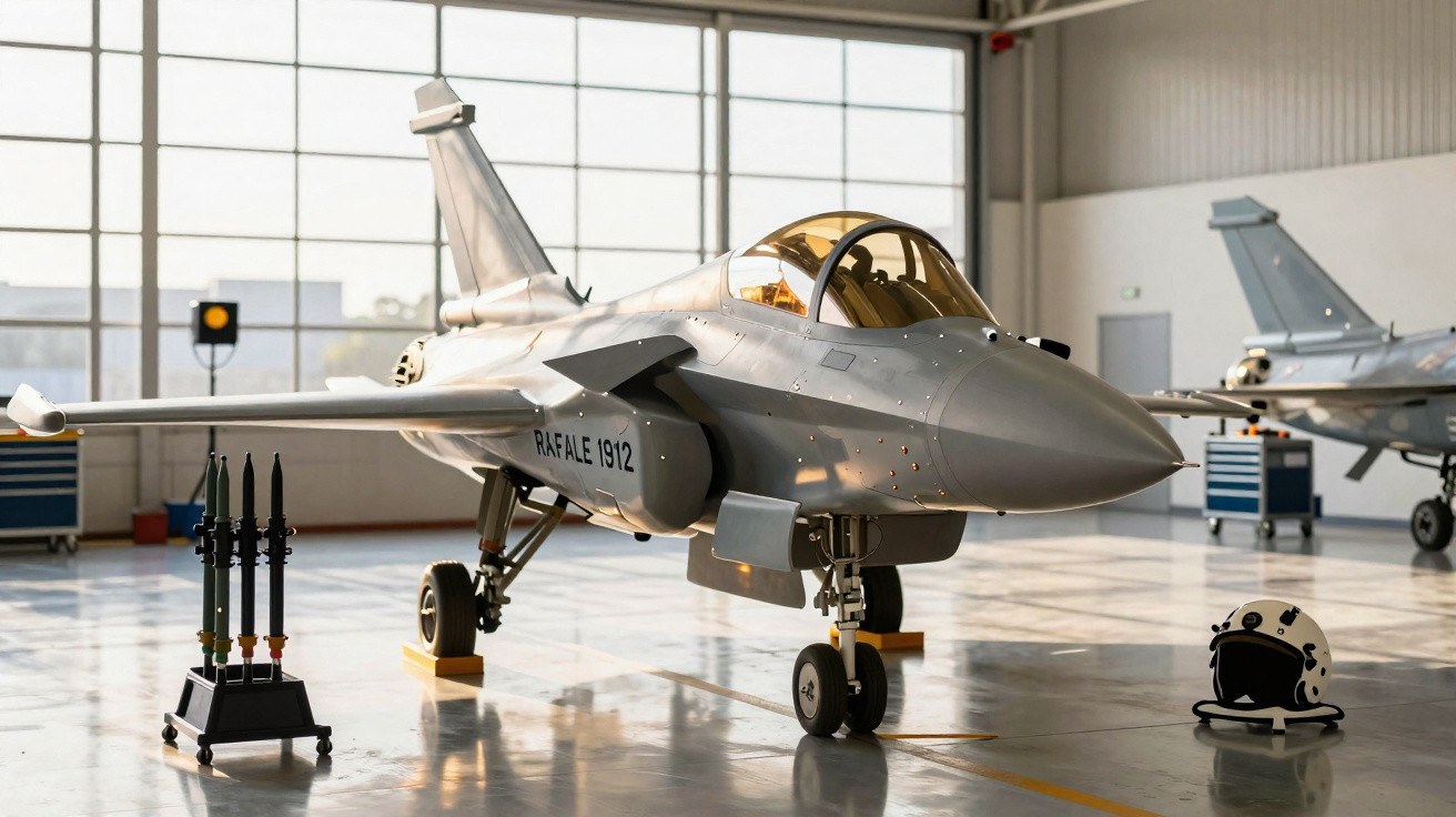 Caça Rafale estacionado em hangar com capacete e mísseis ao lado sobre piso refletivo.