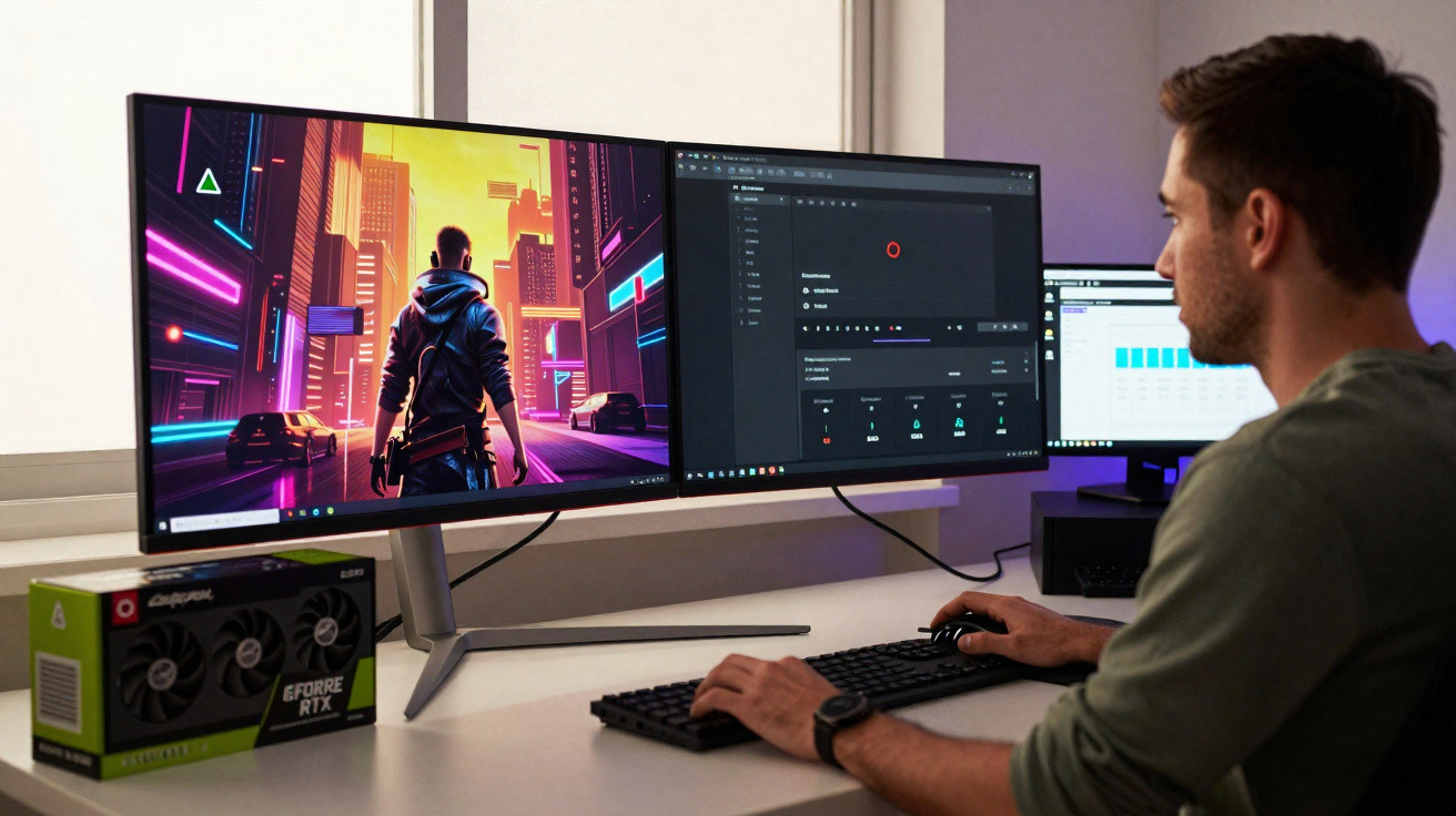 Homem usando computador com dois monitores, um exibindo jogo colorido em ambiente urbano futurista.