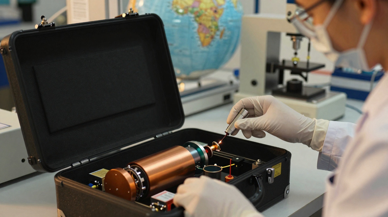 Pesquisador manuseia equipamento científico eletrônico dentro de maleta preta em laboratório.