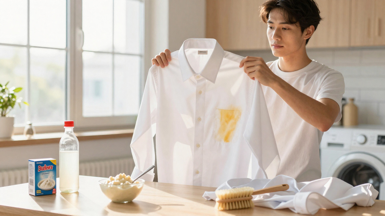 Homem segurando camisa branca com mancha amarela na frente em cozinha iluminada.