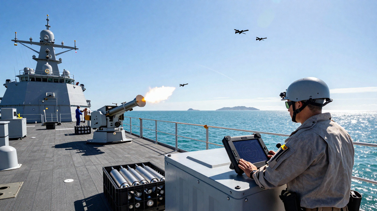 Marinheiro usando tablet em navio de guerra durante exercício com canhão e aviões no céu azul sobre o mar.