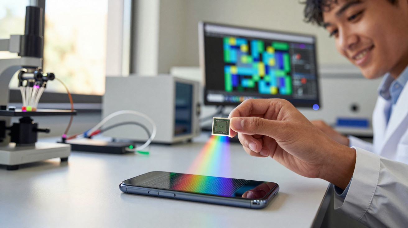 Pessoa segurando chip eletrônico sobre celular com projeção de luz em arco-íris em laboratório tecnológico.
