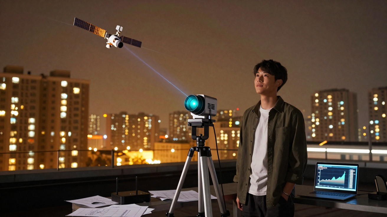 Jovem observa satélite numa varanda com equipamento tecnológico e gráfico em laptop à noite na cidade.