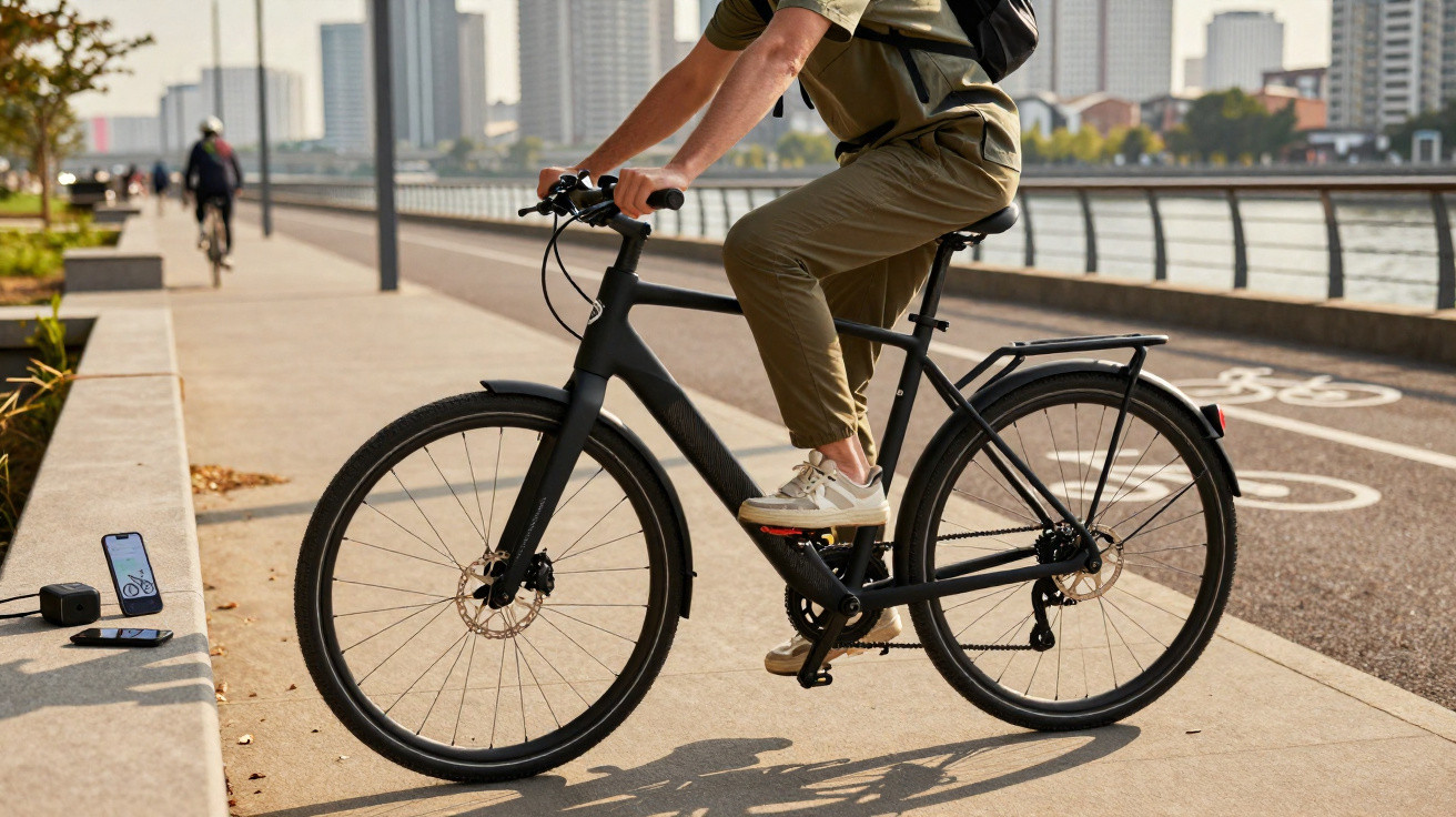 Pessoa pedalando bicicleta preta em ciclovia urbana ao lado de rio e prédios altos ao fundo.