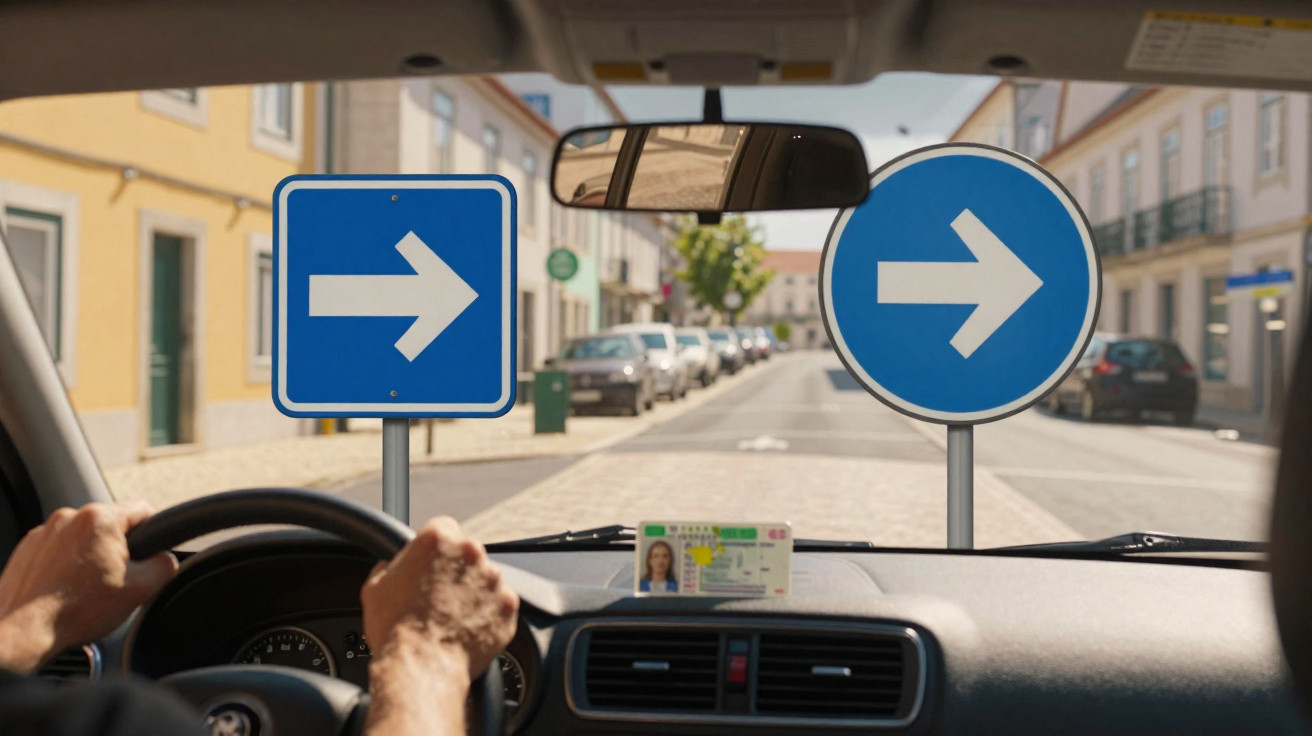 Motorista de carro vendo placas de sinalização na direção direita em rua urbana.