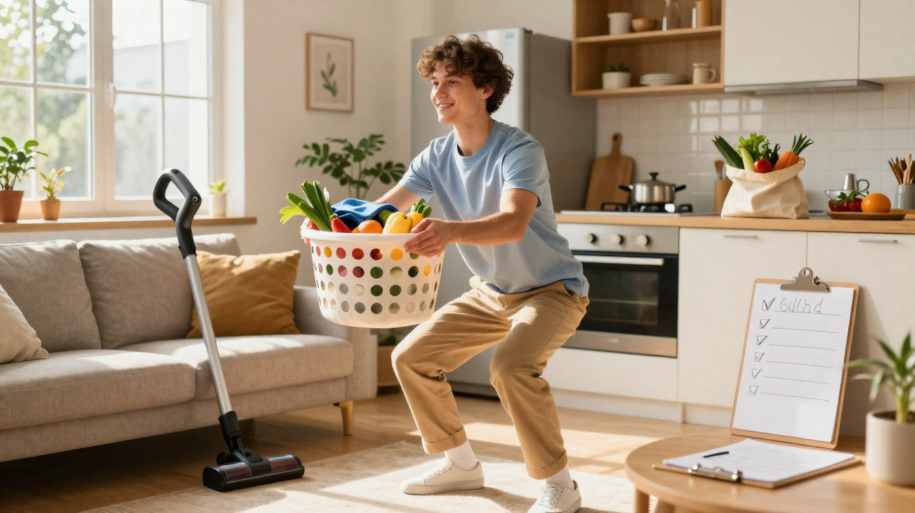 Jovem sorrindo segurando cesta de roupas em sala de estar, com aspirador e lista de tarefas ao lado.