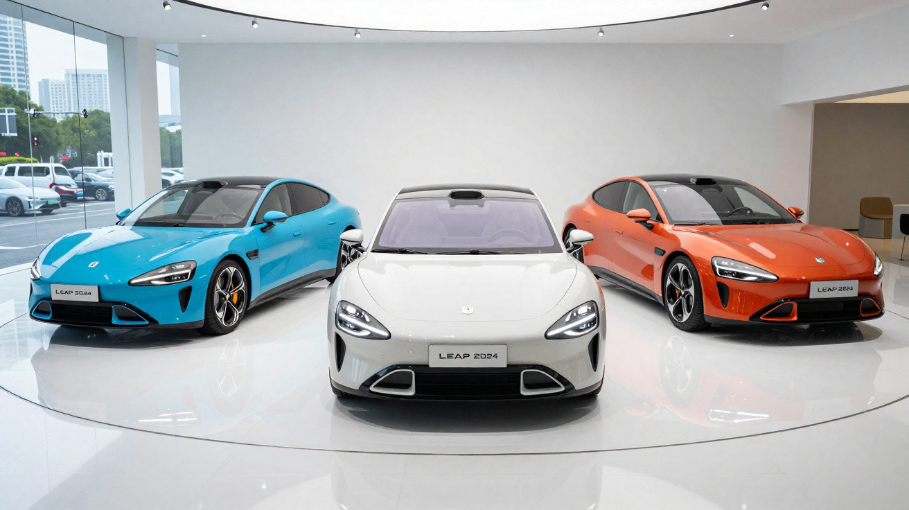 Três carros esportivos elétricos LEAP 2024 em azul, branco e laranja exibidos em show room moderno.