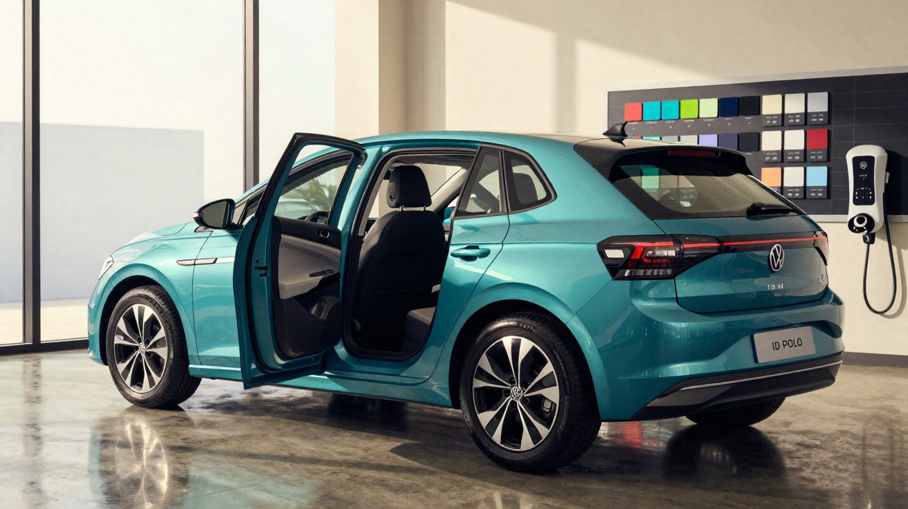 Carro elétrico Volkswagen ID. Polo azul com portas abertas em showroom moderno e iluminado.