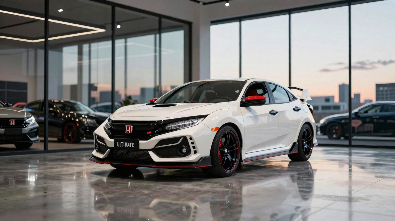 Carro esportivo Honda Civic branco com detalhes vermelhos exibido em showroom moderno com grandes janelas.
