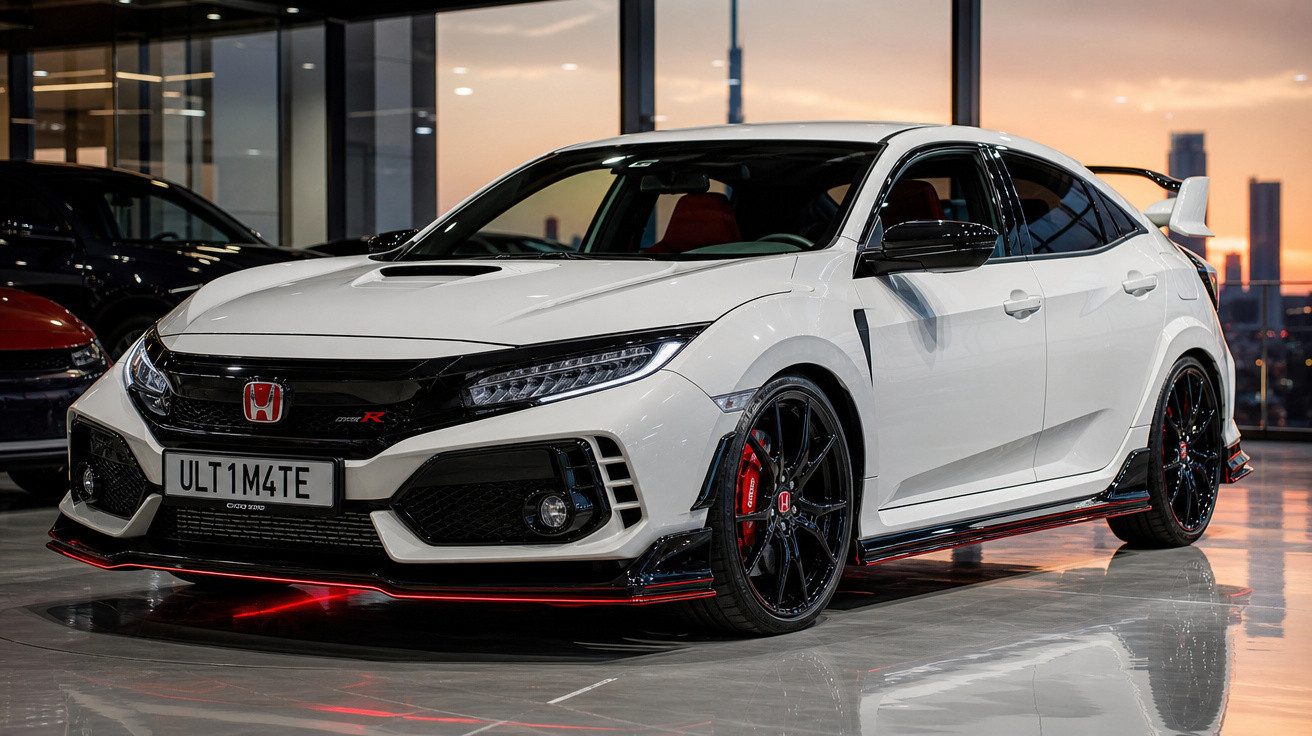 Carro esportivo Honda Civic Type R branco estacionado em ambiente interno moderno ao entardecer.