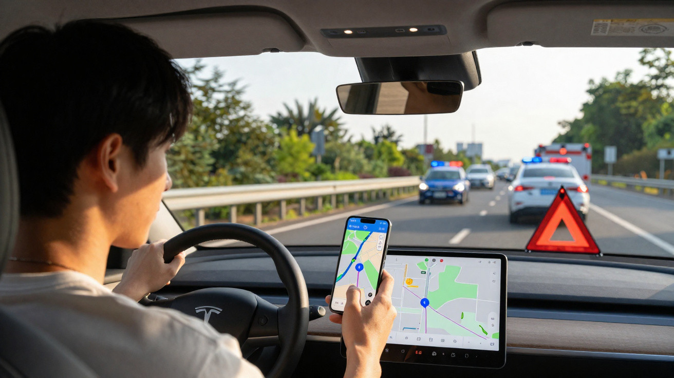 Motorista usando celular para navegação dentro de carro Tesla parado por blitz policial na estrada.