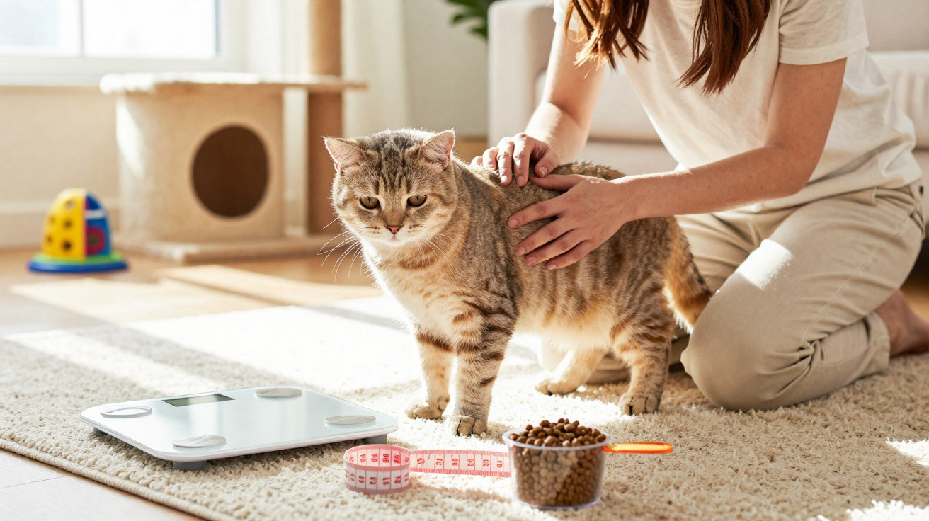 Pessoa acariciando gato em ambiente claro com balança, fita métrica e comida para pets no chão.