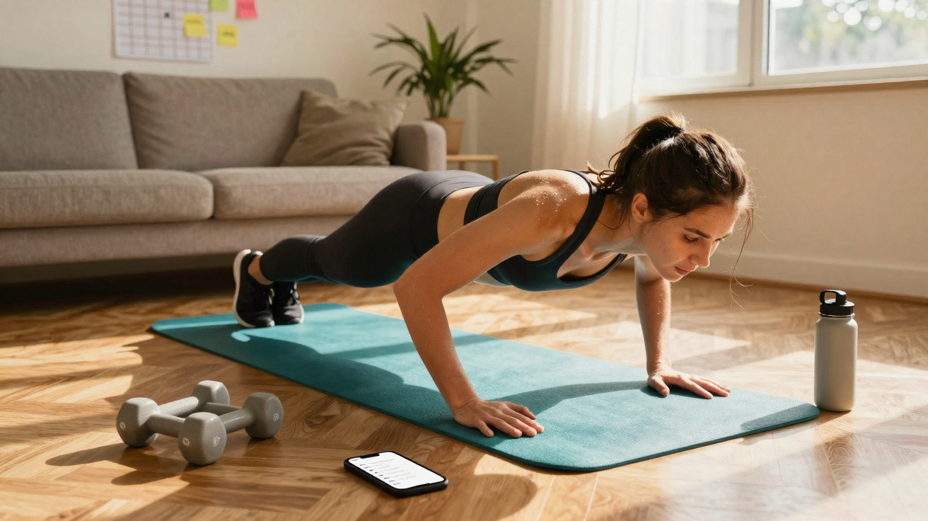 Mulher fazendo flexão em tapete de yoga na sala, com halteres, celular e garrafa ao lado.