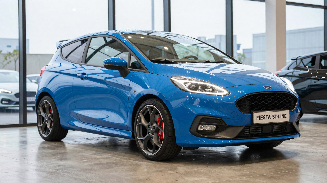 Carro azul Ford Fiesta ST-Line em exposição dentro de showroom moderno e iluminado.