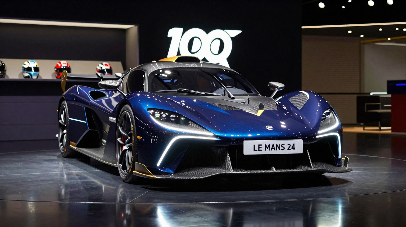 Carro esportivo azul metálico com placas "LE MANS 24" em exposição interna com capacetes ao fundo.