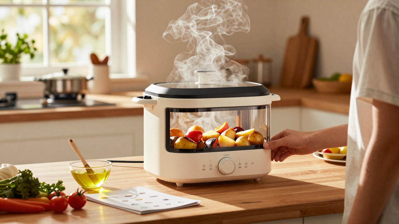 Aparelho elétrico cozinhando legumes variados com vapor em cozinha moderna iluminada.