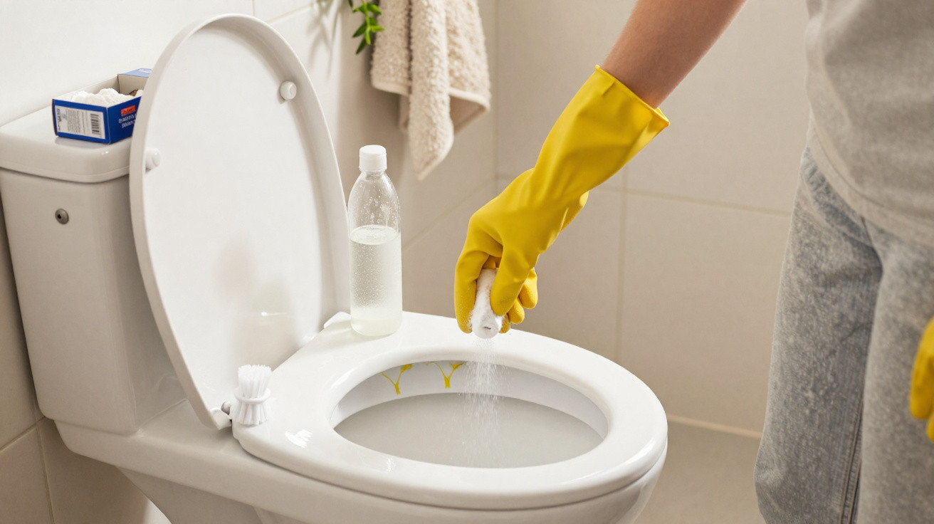 Pessoa com luvas amarelas aplicando produto de limpeza no vaso sanitário branco em banheiro claro.