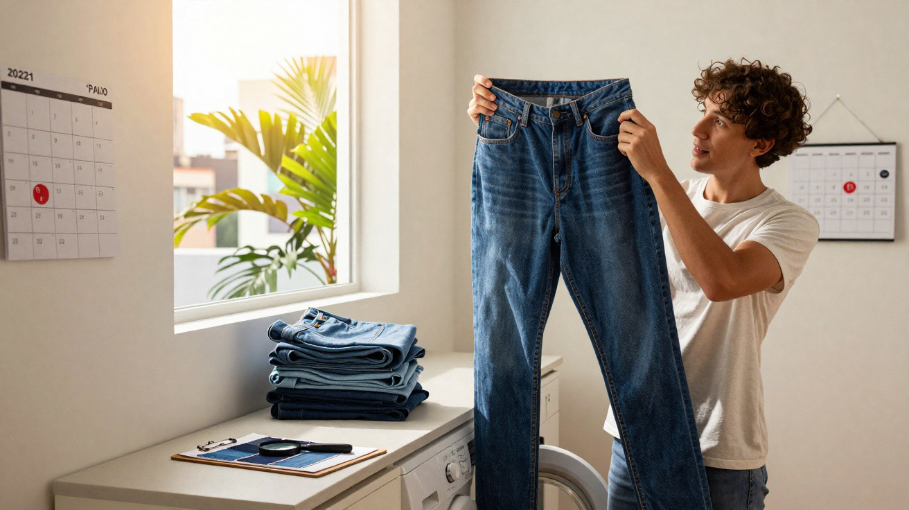 Jovem segura calça jeans esticada em lavanderia com calendário e pilha de roupas dobradas ao lado.