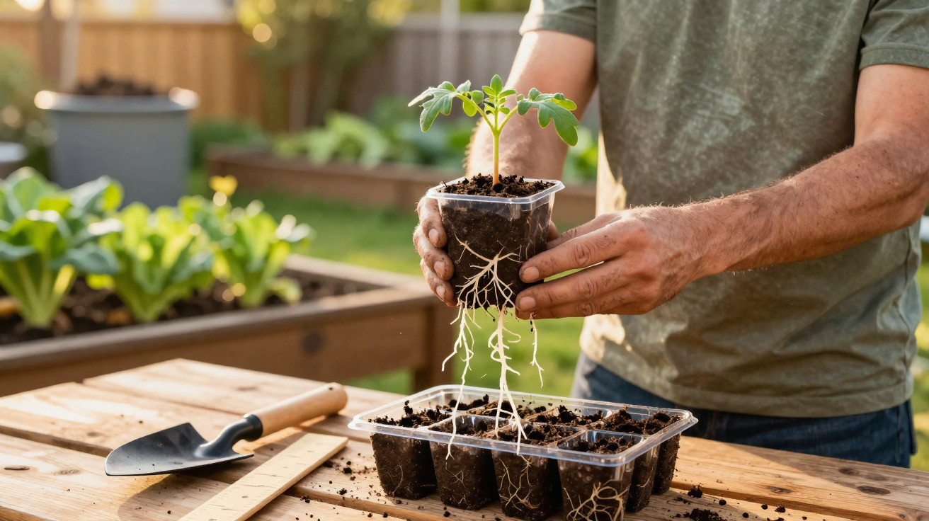 Pessoa transplantando muda de planta com raízes visíveis em potes plásticos em mesa de madeira no jardim.