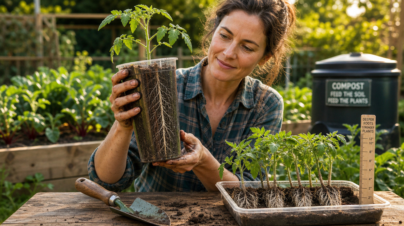 Mulher segurando muda de planta em copo transparente mostrando raiz, em jardim com novas mudas e enxada.