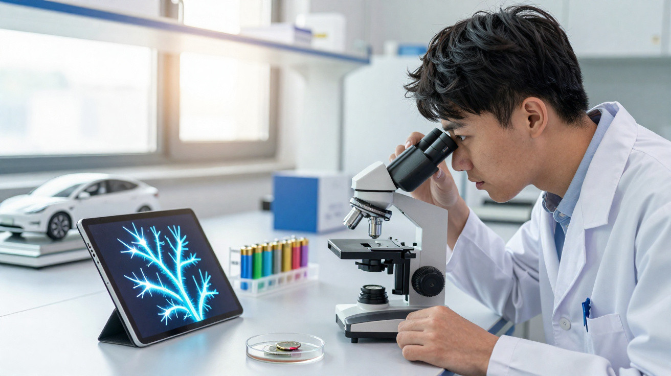 Cientista jovem observando amostra no microscópio com tablet exibindo imagem digital em laboratório.