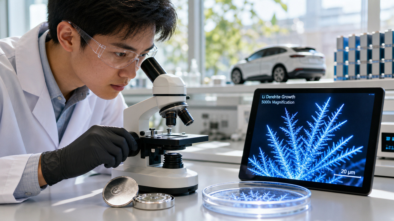 Cientista usando microscópio analiza crescimento dendrito, com imagem ampliada em tablet ao lado.